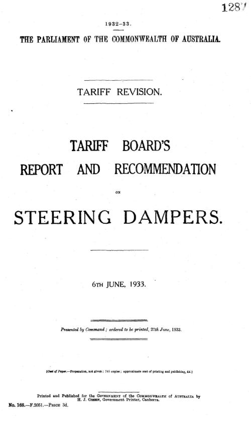 Tariff revision : Tariff Board's report and recommendation on steering dampers, 6th June, 1933