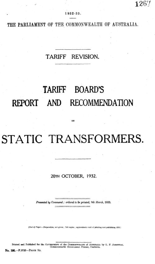 Tariff revision : Tariff Board's report and recommendation on static transformers, 20th October, 1932
