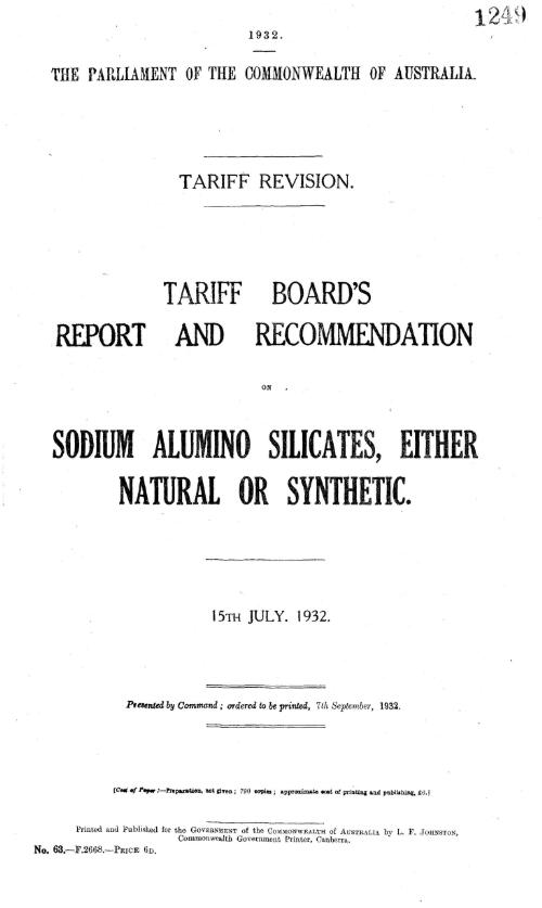 Tariff revision : Tariff Board's report on sodium alumino dilicates either natural or synthetic, 15th July, 1932