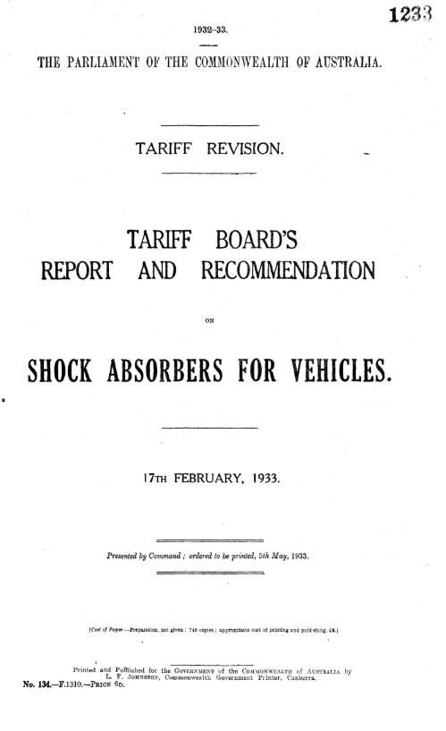 Tariff revision : Tariff Board's report and recommendation on shock absorbers for vehicles, 17th February, 1933