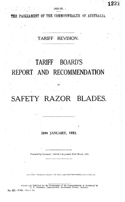 Tariff revision : Tariff Board's report and recommendation on safety razor blades, 26th January, 1933