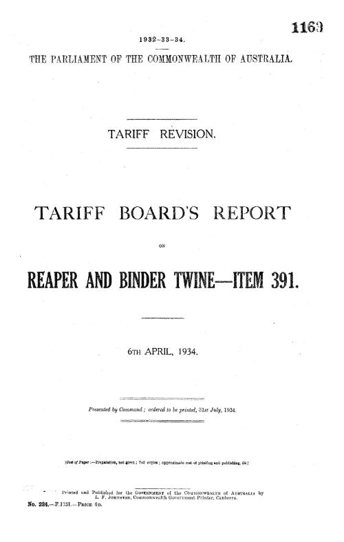 Tariff revision : Tariff Board's report on reaper and binder twine -item 391, 6th April, 1934