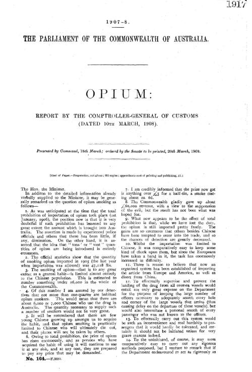 Opuim : report by the Comptroller-General of Customs. (Dated 10th March, 1908)