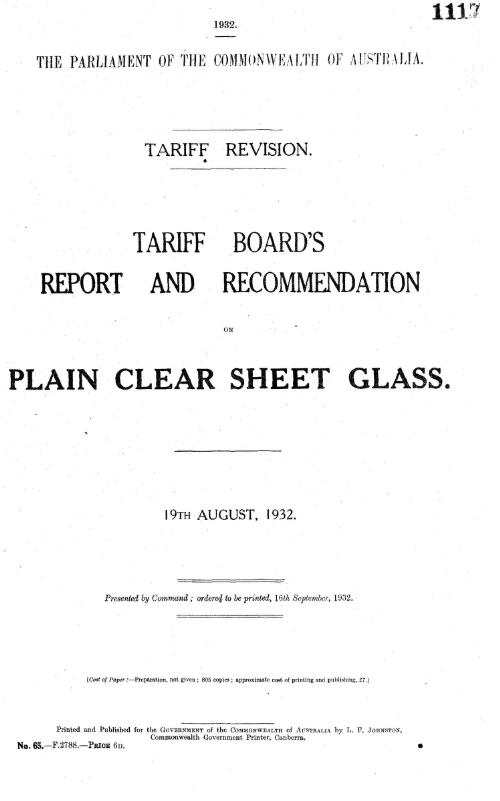 Tariff revision : Tariff Board's report and recommendation on plain clear sheet glass, 19th August, 1932
