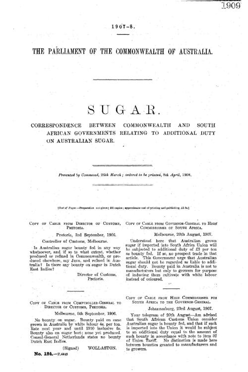 Sugar. Correspondence between Commonwealth and South African Governments relating to additional duty on Australian sugar