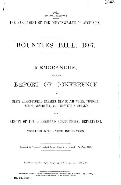 Memorandum, including report of conference of State Agricultural experts, New South Wales, Victoria, South Australia, and Western Australia, and report of the Queensland Agriculture Department, together with other information