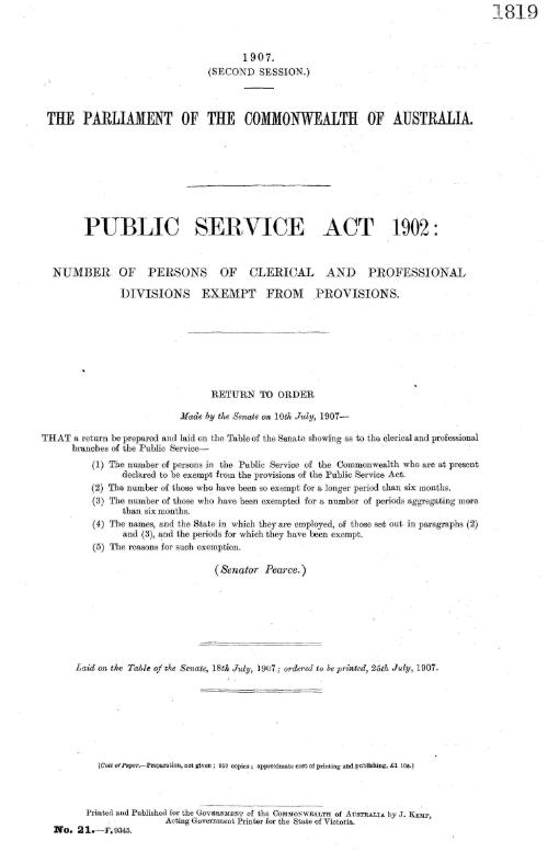 Public Service Act 1902 : Number of persons of clerical and professional divisions exempt from provisions