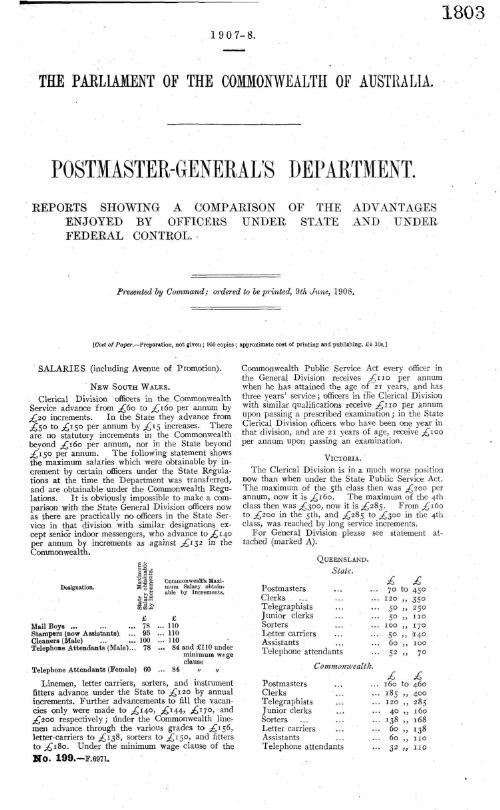 Postmaster-General's Department. : reports showing a comparison of the advantages enjoyed by officers under State and under Federal control