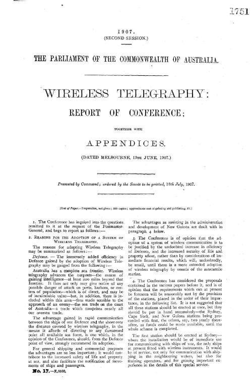 Wireless telegraphy : report of conference together with appendices. (Dated Melbourne, 13th June, 1907.)