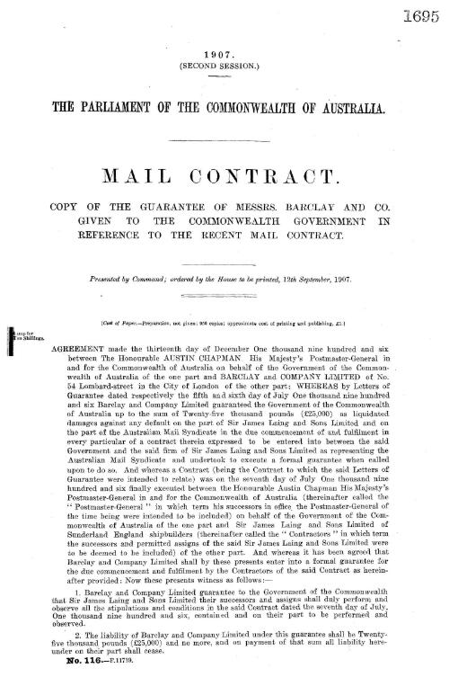 Mail contract. : copy of the guarantee of Messrs. Barclay and Co. given to the Commonwealth Government in reference to the recent mail contract