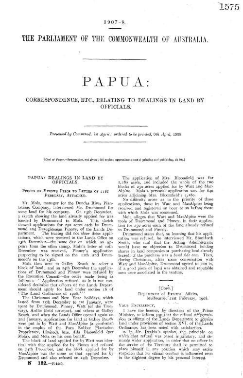 Papua : Correspondence etc. relating to dealings in land by officals