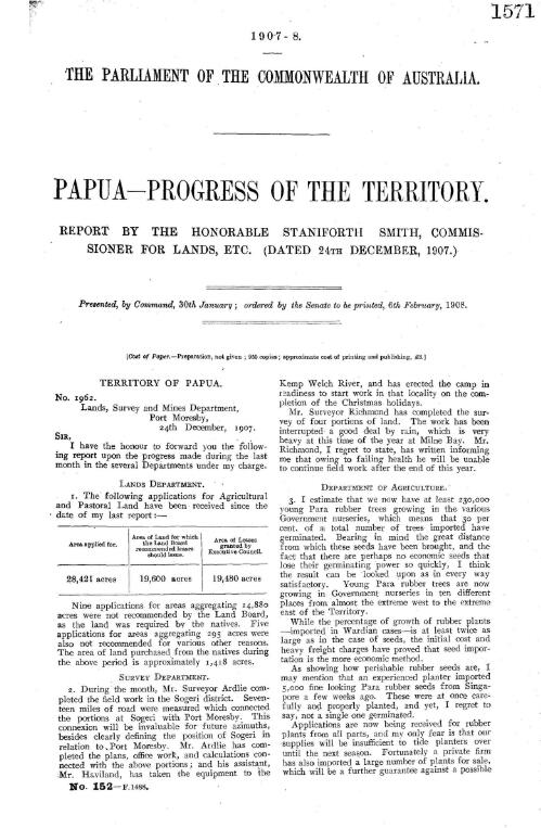 Papua--progress of the Territory. : report / by the Honorable Stainforth Smith, Commissioner for Lands, etc. (dated 24th December 1907.)