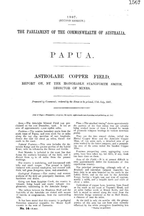 Astrobale copper field, : report on / by the Honorable Staniforth Smith, Director of Mines