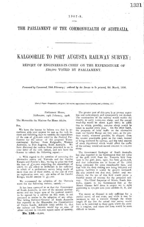Kalgoorlie to Port Augusta railway survey : report of engineers-in-chief on the expenditure of £20,000 voted by Parliament