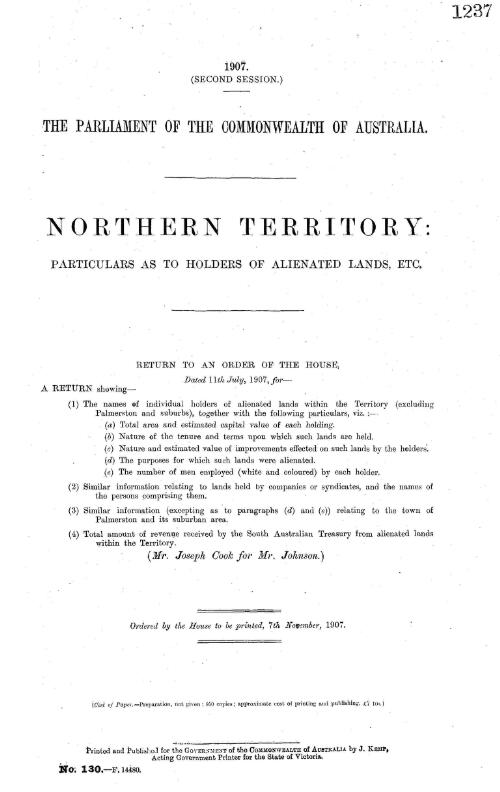 Northern Territory : particulars as to holders of alienated lands, etc