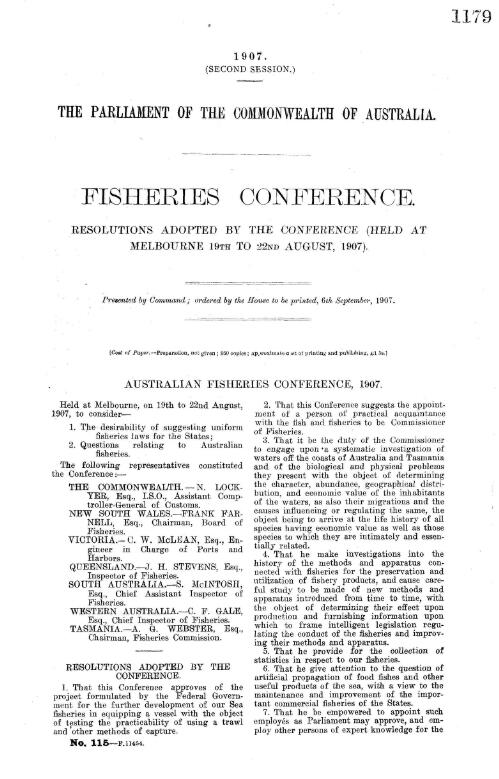 Australian Fisheries Conference 1907 : Resolutions adopted by the conference (held at Melbourne on 19th to 22nd August, 1907)