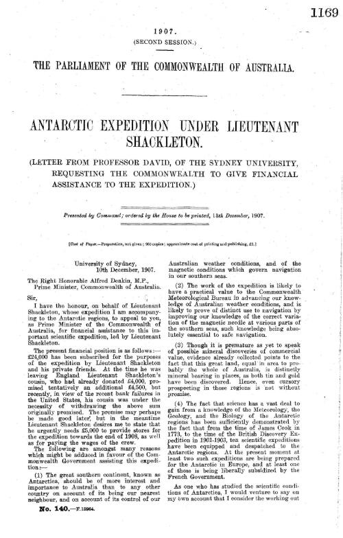 Antarctic expedition under Lieutenant Shackleton. : (Letter from Professor David, of The Sydney University, requesting the Commonwealth to give financial assistane to the expedition.)