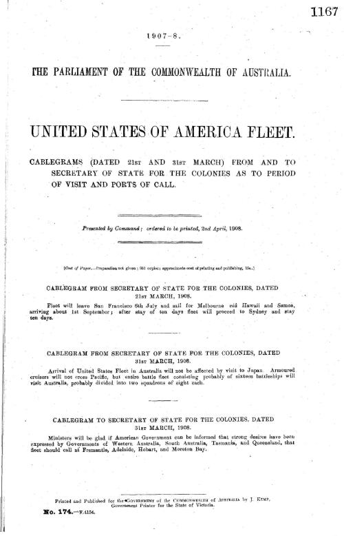 United States of America fleet. : Cablegrams (dated 21st and 31st March) from and to Secretary of State for the Colonies as to period of visit and ports of call
