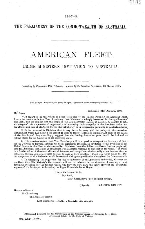 American Fleet : Prime Minister's invitation to Australia