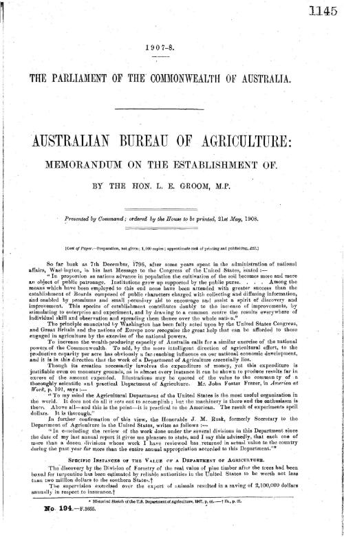 Australian Bureau of Agriculture : Memorandum on the establishment of / by The Hon. L.E. Groom, M.P