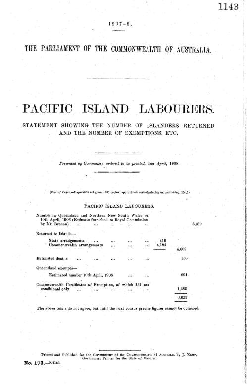 Pacific Islander labourers : Statement showing the number of Islanders returned and the number of exemptions, etc