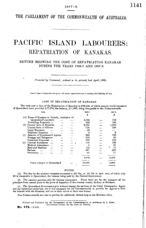 Pacific Islander labourers : repatriation of Kanakas