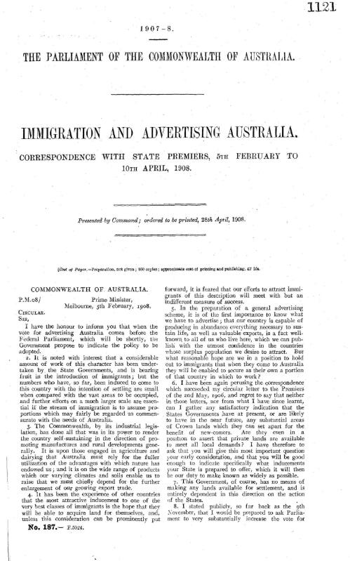 Immigration and advertising Australia. : Corespondence with State Premiers 5th Feburary to 10th April, 1908