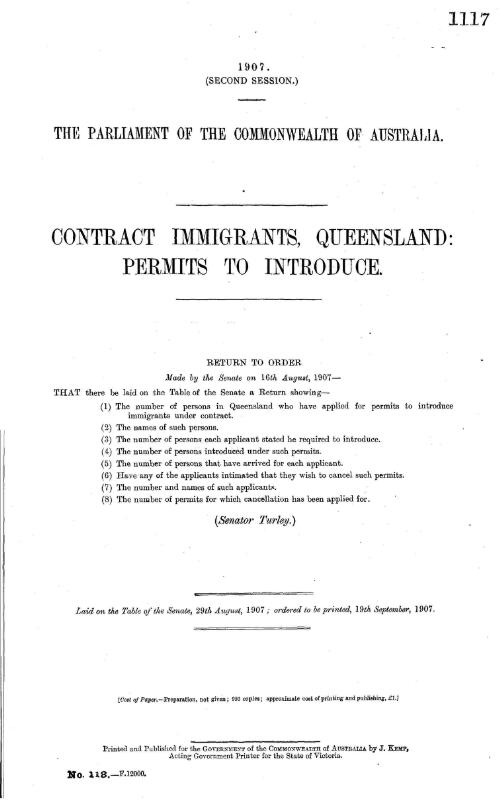 Contract immigrants, Queensland permits to introduce