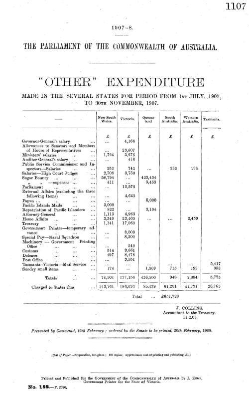 Other expenditure : made in the several states for period from 1 July, 1907, to 30th November, 1907