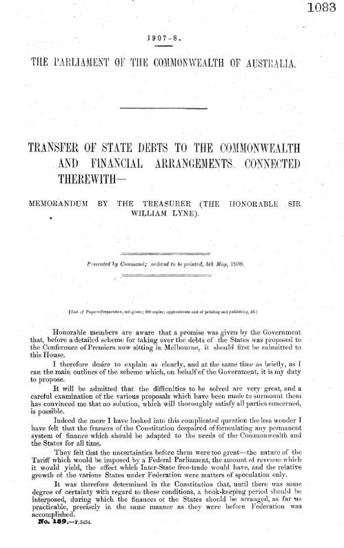 Transfer of State debts to the Commonwealth and financial arrangements connected therewith - : memorandum by the Treasurer (The Honorable Sir William Lyne)