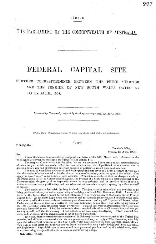 Federal capital site : further correspondence between the Prime Minister of the Commonwealth and the Premier of New South Wales, dated 1st April to 9th April, 1908