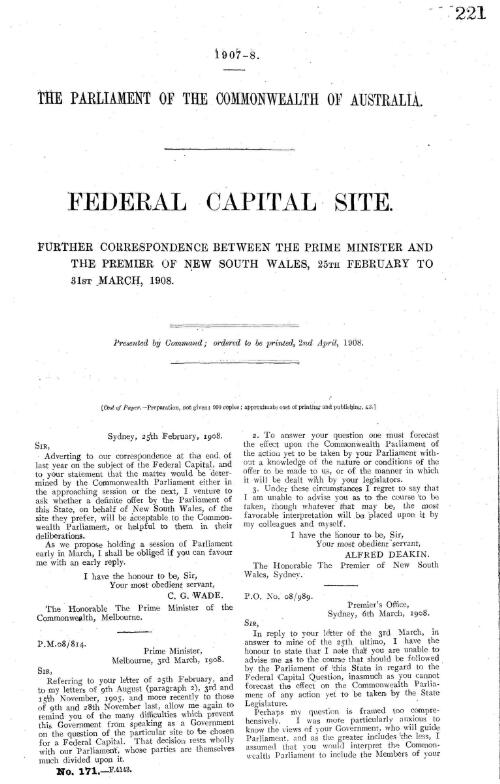 Federal capital site :  further correspondence between the Prime Minister of the Commonwealth and the Premier of New South Wales, 25th Feburary to 31st March, 1908