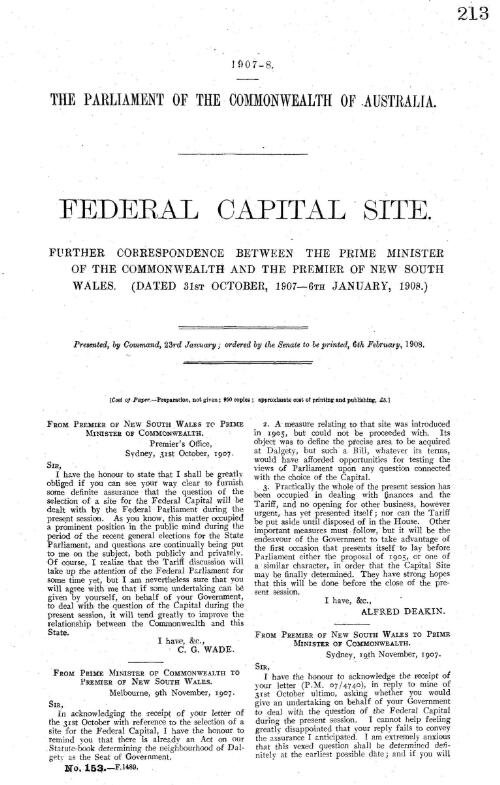 Federal capital site : further correspondence between the Prime Minister of the Commonwealth and the Premier of New South Wales, (dated 31st October, 1907 - 6th January, 1908) / The Parliament of the Commonwealth of Australia