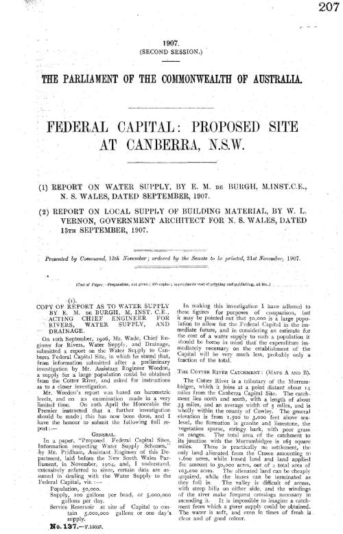 Federal capital: Proposed site at Canberra, N.S.W