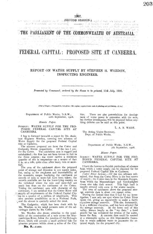 Federal capital: Proposed site at Canberra. : Report on water supply by Stephen H. Weedon, Inspecting Engineer