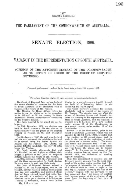 Vacancy in the representation of South Australia. : (Opinion of the Attorney-General of the Commonwealth as to effect of order of the Court of Disputed Returns.)