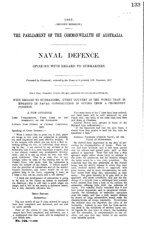 Naval defence. : Opinions with regard to submarines