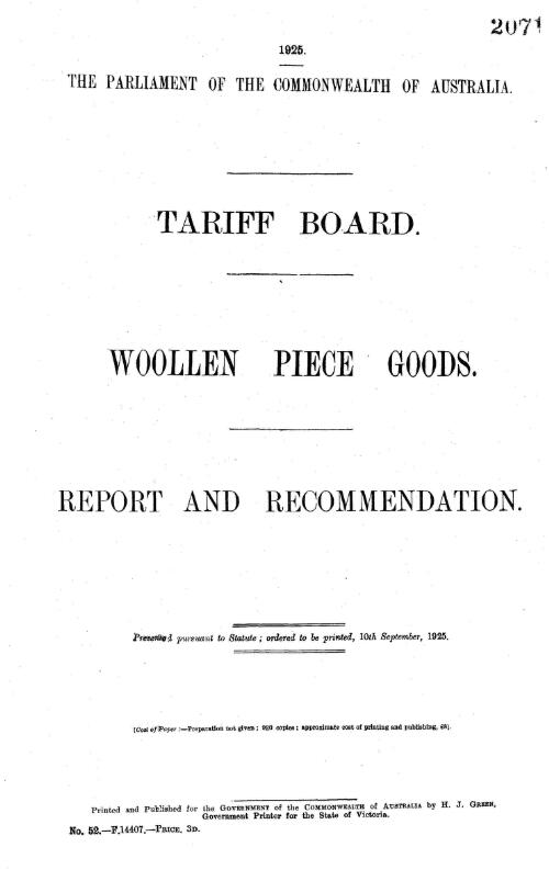 Woollen piece goods : report and recommendation, 10th September, 1925 / Tariff Board