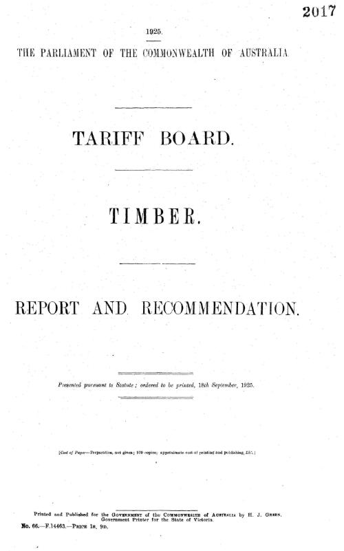 Tariff Board report : Timber, report and recommendation, 18th September, 1925