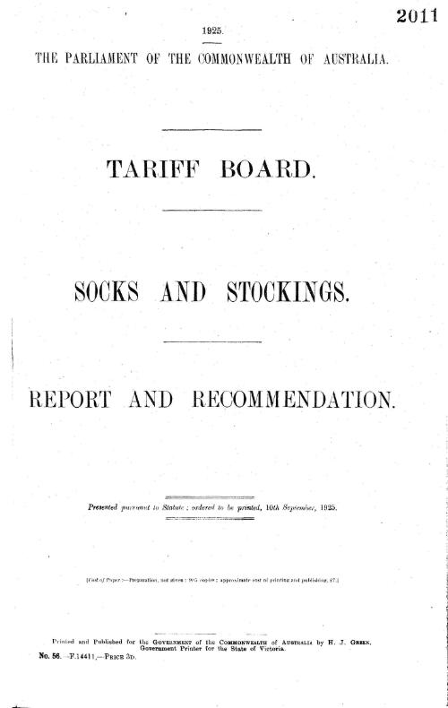 Socks and stockings : report and recommendation / Tariff Board