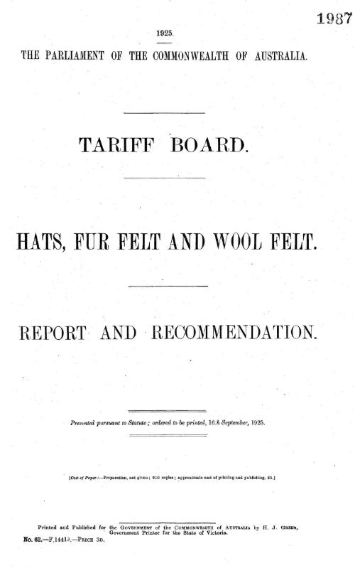 Fur felt and wool felt hats : report and recommendation / Tariff Board