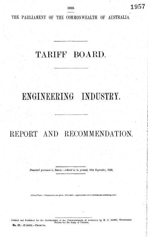 Engineering industry : report and recommendation / Tariff Board