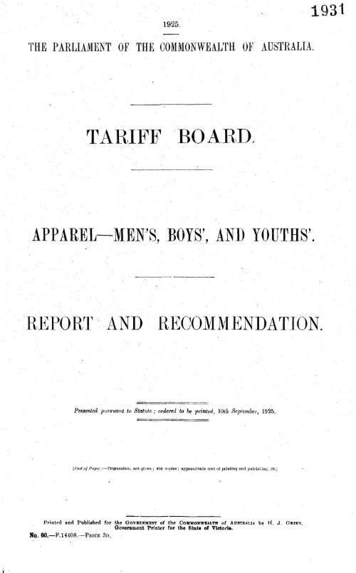 Apparel - men's, boys' and youths' : report and recommendation, 10th September, 1925
