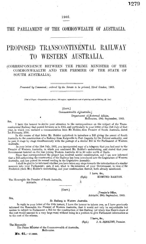 Proposed Transcontinental railway to Western Australia : (Correspondence between the Prime Minister of the Commonwealth and the Premier of the State of South Australia