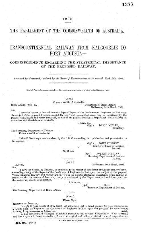 Transcontinental railway from Kalgoorlie to Port Augusta : correspondence regarding the strategical importance of the proposed railway