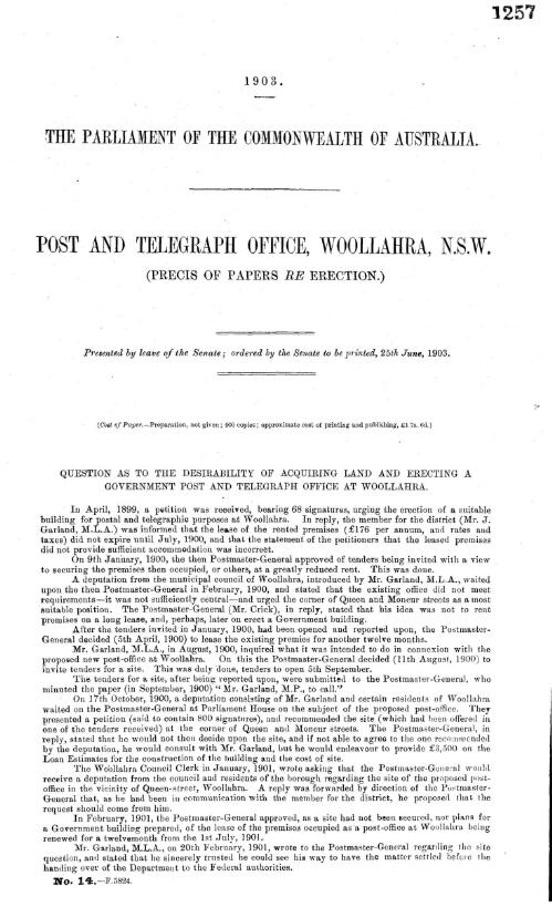 Post and telegraph office, Woollara, N.S.W. : (Precis of papers re erection.)