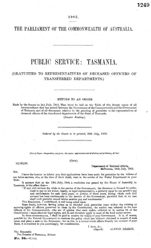 Public service : Tasmania : (gratuities to representatives of deceased Officers of transferred departments.)