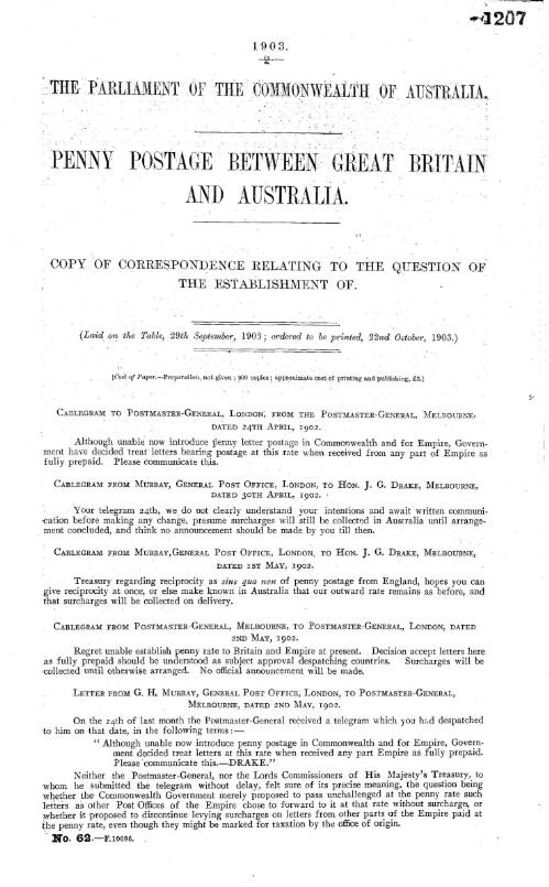 Penny postage between Great Britain and Australia : copy of correspondence relating to the question of the establishment of