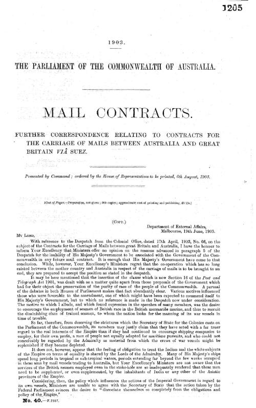 Mail contracts : Further correspondence relating to contracts for the carriage of mails between Australia and Great Britain via Suez