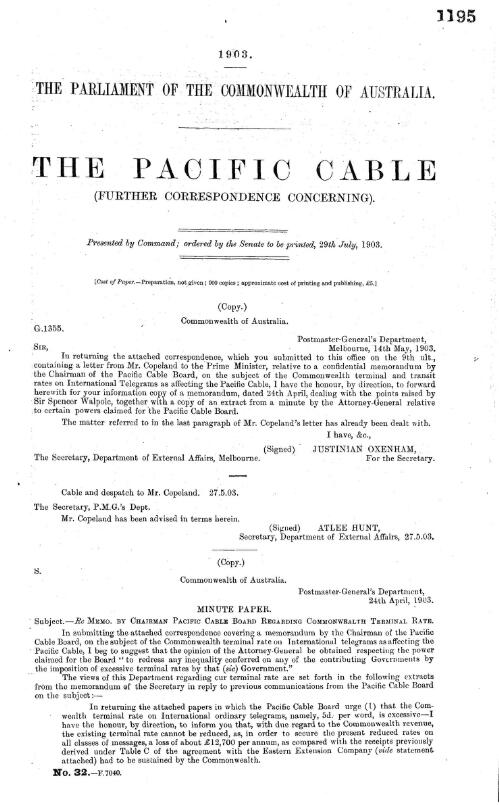 The Pacific cable : (Further correspondence concerning.)